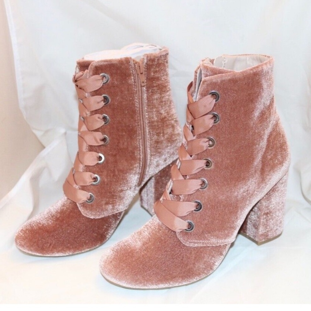 Pink Velvet Lace Up Heeled Ankle Boots